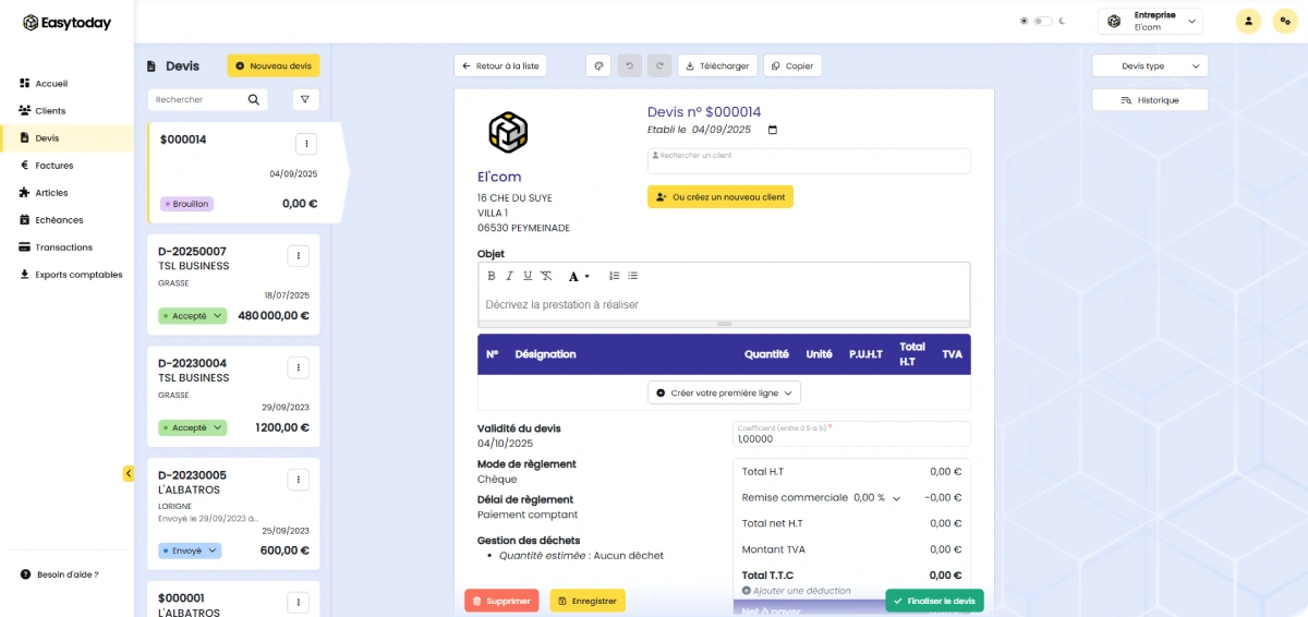 Logiciel de devis et facturation Easytoday pour le BTP